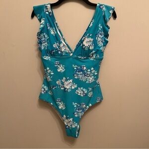 Cupshe One Piece Blue Floral Swimsuit Ruffle Sleeves Beach Cruise Resort Size S